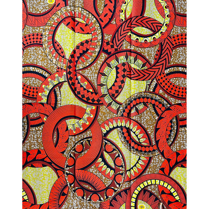 African Print Fabric/ Ankara - Coral, Brown, Yellow ‘Heirloom Rings' Design, 1 YARD