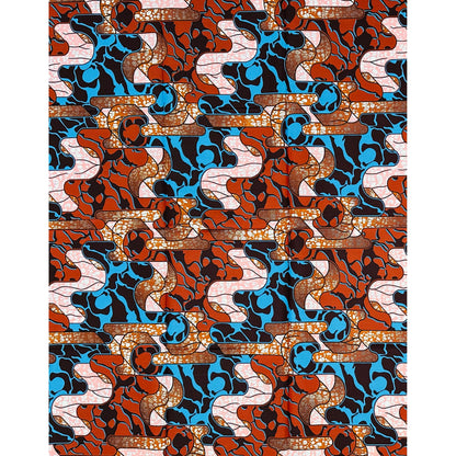 African Print Fabric/ Ankara - Brown, Blue ‘Side Streets' Design, 1 YARD