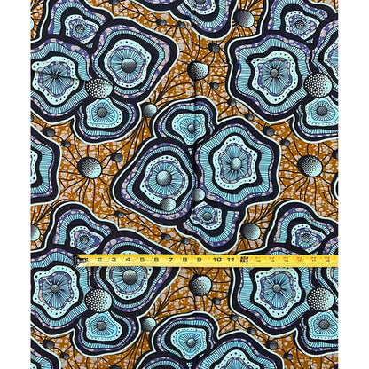 African Print Fabric/ Ankara - Blue, Brown ‘Bloom Theory' Design, 1 YARD