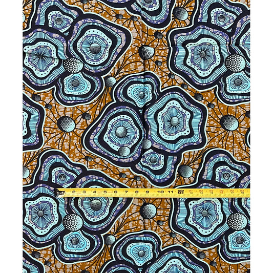 African Print Fabric/ Ankara - Blue, Brown ‘Bloom Theory' Design, 1 YARD