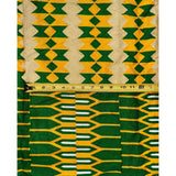 African Fabric/ Woven Kente - Green, Yellow, Beige “Majid”, ~4 Yards