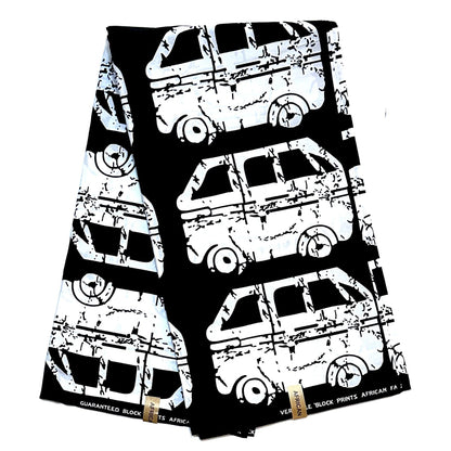 African Print Fabric/ Ankara - Black, White 'Danfo Driver' Design, YARD or WHOLESALE