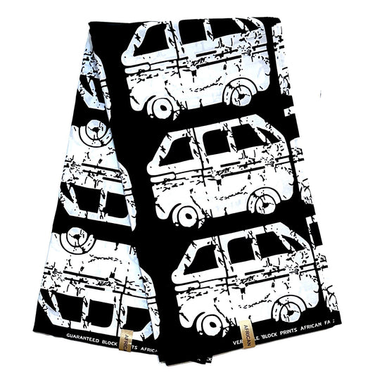 African Print Fabric/ Ankara - Black, White 'Danfo Driver' Design, YARD or WHOLESALE