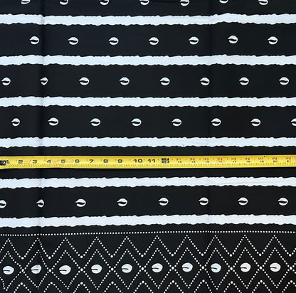 African Print Fabric/ Ankara - Black, White 'Shells & Stripes' Design, YARD or WHOLESALE