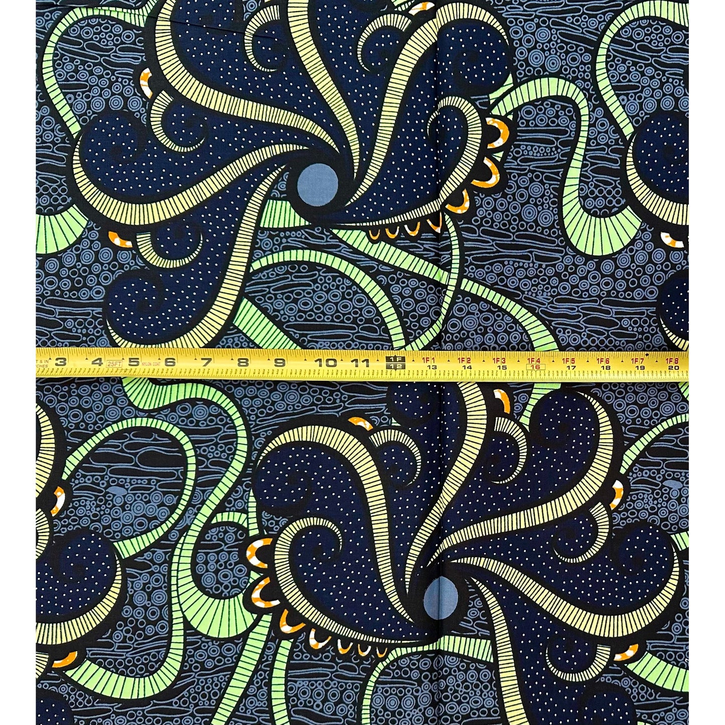 African Print Fabric/ Ankara - Gray, Blue, Yellow, Green, Black 'Sannu a Hankali' Design, 1 Yard