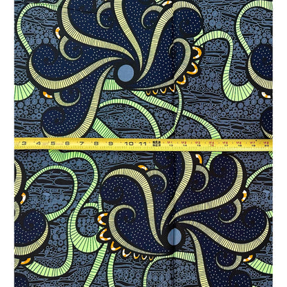 African Print Fabric/ Ankara - Gray, Blue, Yellow, Green, Black 'Sannu a Hankali' Design, 1 Yard