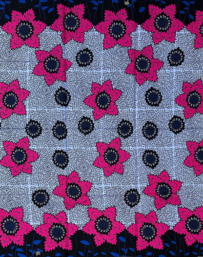 African Print Fabric/ Ankara - Blue, Periwinkle, Pink, Black 'Sweet Tea & Small Chops,’ 1 YARD