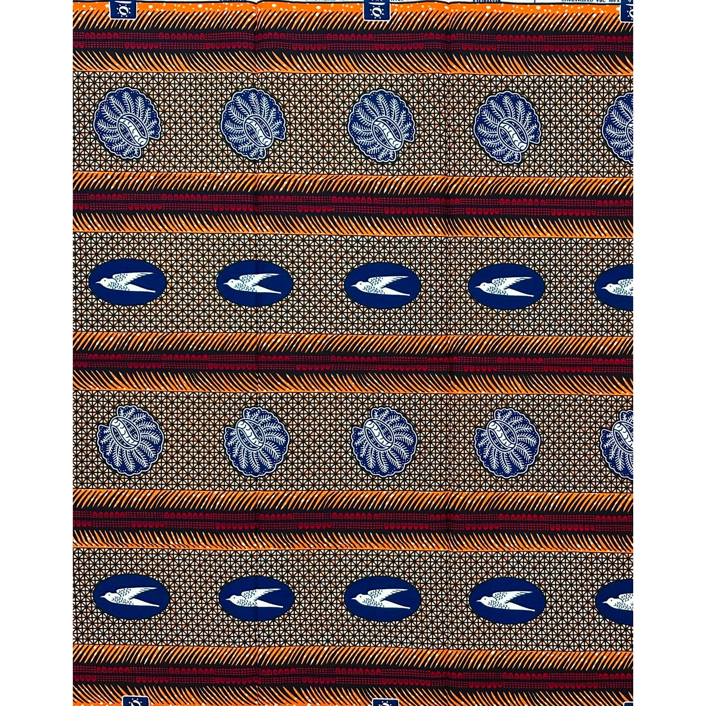 African Print Fabric/Ankara - Orange, Red, Brown, Blue "Messenger from Benin", 1 Yard