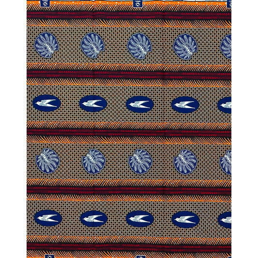 African Print Fabric/Ankara - Orange, Red, Brown, Blue "Messenger from Benin", 1 Yard