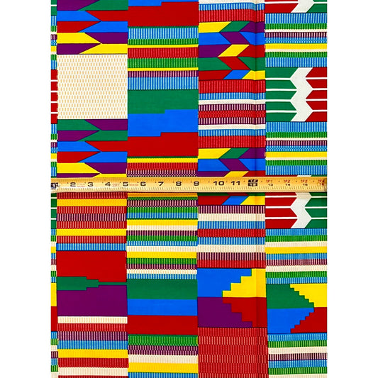 African Print Fabric/Ankara - Red, Yellow, Blue, Green, Purple "Adwumadi " Kente, 1 Yard