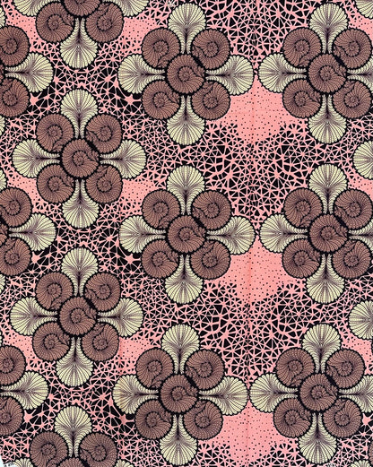 African Print Fabric/Ankara - Pink, Brown, Beige "Kano Lace" Design, 1 Yard