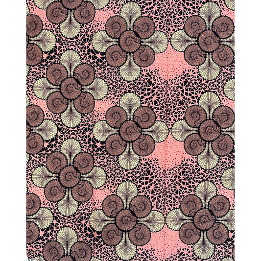 African Print Fabric/Ankara - Pink, Brown, Beige "Kano Lace" Design, 1 Yard
