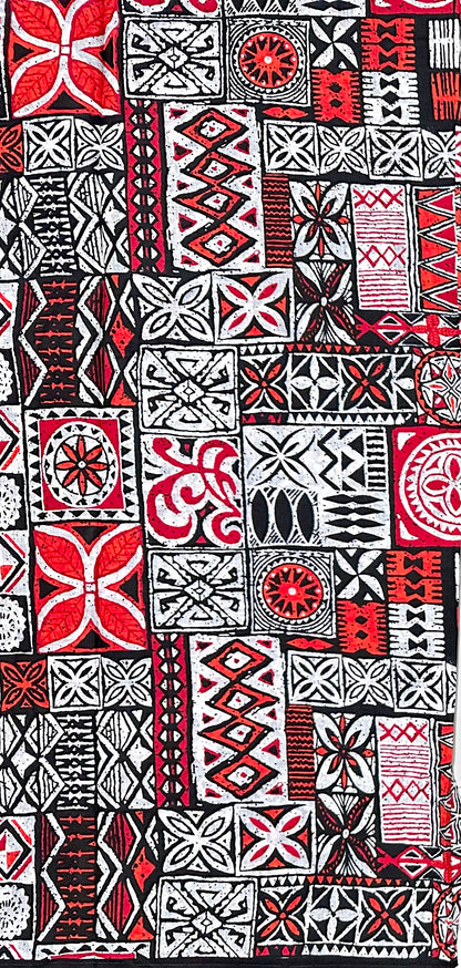African Print Fabric/ Ankara - Red, Orange, Black, White 'Nsibidi House’, YARD or WHOLESALE