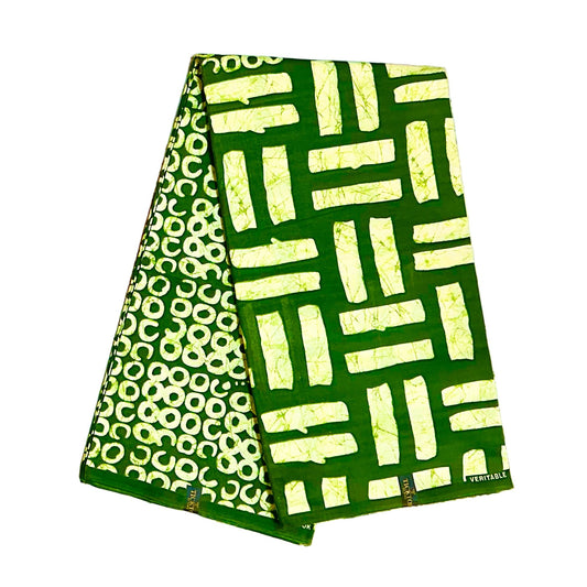 African Print Fabric/ Ankara - Green, Cream 'Aso Koto Lines' Design, YARD or WHOLESALE