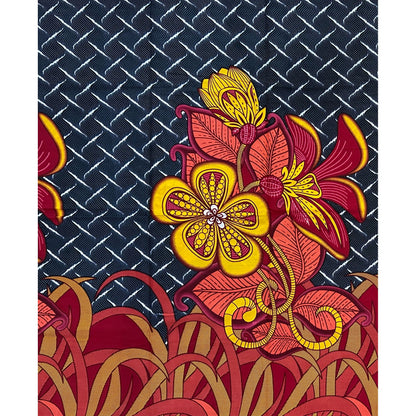 African Print Fabric/ Ankara - Gray, Coral, Dark Red, Yellow, Pink 'Garden of Plenty' Design, YARD or WHOLESALE