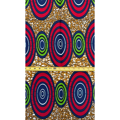 African Print Fabric/ Ankara - Brown, Red, Green 'Masquerade Eyes ' Design, YARD