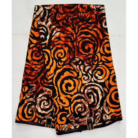 African Print Fabric/ Ankara - Orange, Shades of Brown ‘Swirls & Twirls', YARD or WHOLESALE