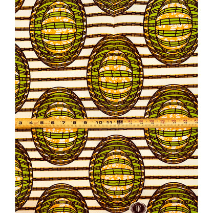 African Print Fabric/ Ankara - Cream, Brown, Green ‘Garden Egg' Design, YARD