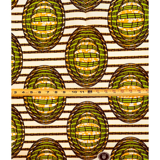 African Print Fabric/ Ankara - Cream, Brown, Green ‘Garden Egg' Design, YARD
