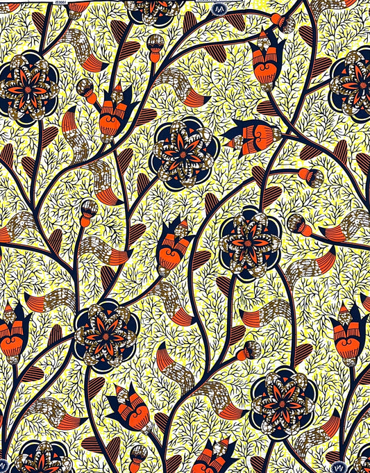 African Print Fabric/ Ankara - Yellow, Orange, Brown ‘Soft Life, Strong Roots', 1 YARD