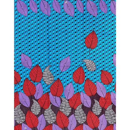 African Print Fabric/ Ankara - Blue, Purple, Red, Brown 'Gathered Leaves', 1 YARD