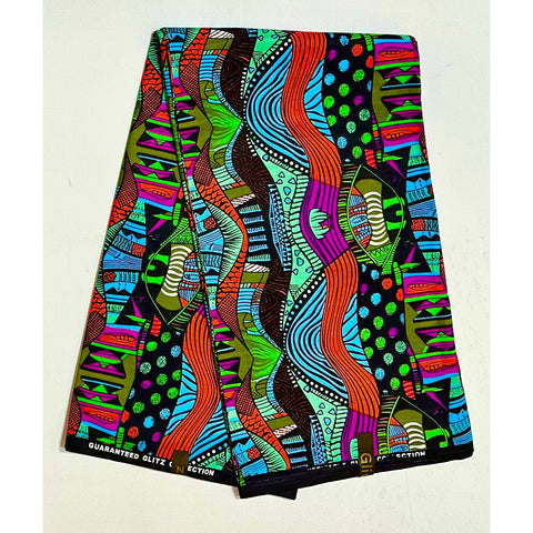 African Print Fabric/ Ankara - Blue, Green, Orange, Purple 'Shakara Lines' Design, YARD or WHOLESALE