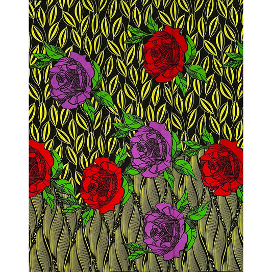African Print Fabric/ Ankara - Yellow, Brown, Red, Purple, Green 'Ogba Rose,’ 1 YARD