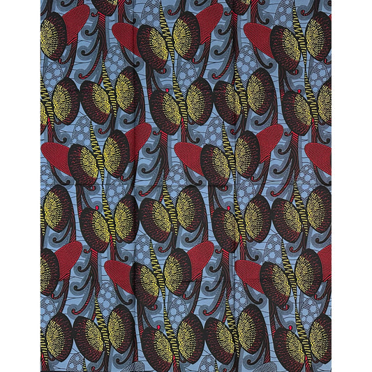 African Print Fabric/ Ankara - Gray, Red, Yellow 'City Seeds,’ 1 YARD