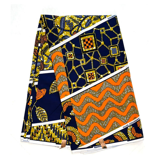 African Print Fabric/ Ankara - Blue, Brown, Orange, White 'Kolawole', YARD or WHOLESALE