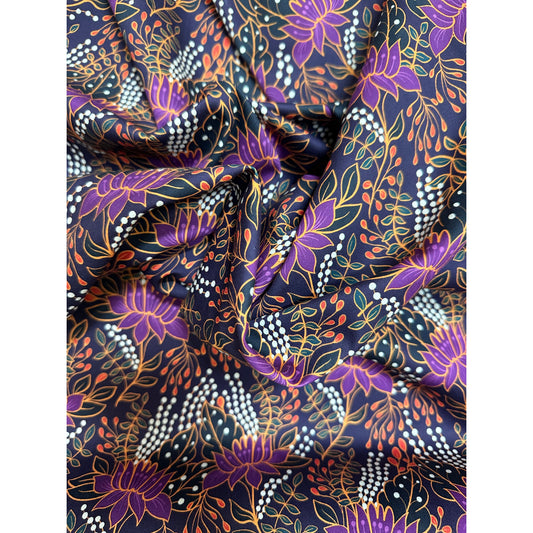African Print, Stretch Cotton Satin Fabric- Shades of Purple, Teal, Red "Amara Noire", Per Yard