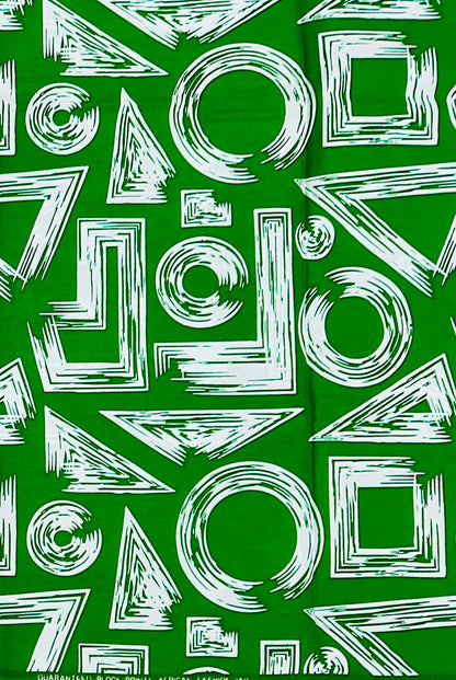 African Print Fabric/ Ankara - Green, White 'Tatu Forms' Design, YARD or WHOLESALE