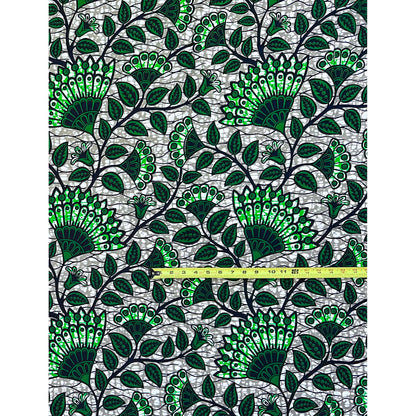 African Print Fabric/ Ankara - Green, Gray 'Everything Connects Eventually' Design, YARD or WHOLESALE