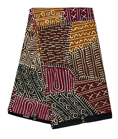 African Print Fabric/ Ankara - Shades of Brown, Dark Red, Beige 'Mudhouse Notes', YARD or WHOLESALE