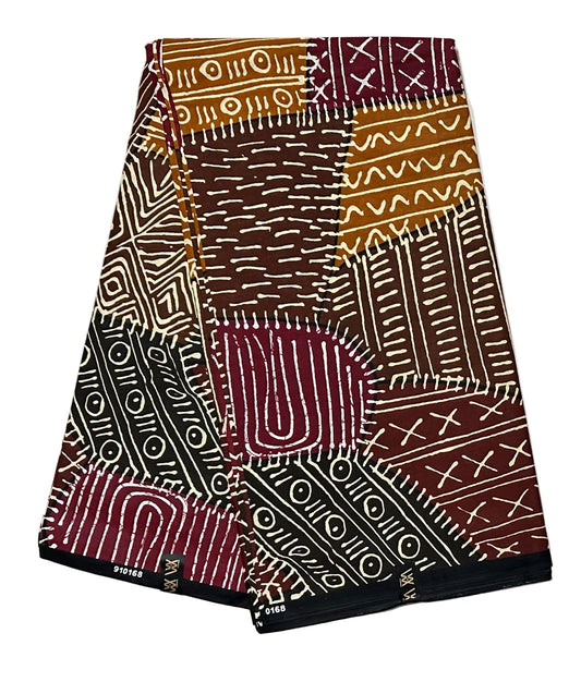 African Print Fabric/ Ankara - Shades of Brown, Dark Red, Beige 'Mudhouse Notes', YARD or WHOLESALE