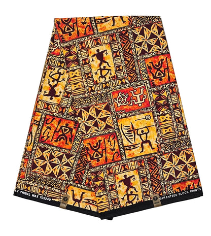 African Print Fabric/ Ankara - Orange, Brown 'The Story Wall', YARD OR WHOLESALE
