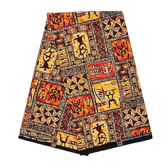 African Print Fabric/ Ankara - Orange, Brown 'The Story Wall', YARD OR WHOLESALE