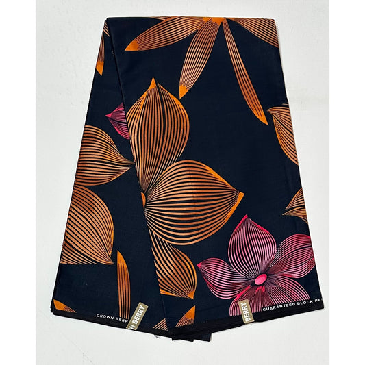 African Print Fabric/ Ankara - Black, Orange, Pink 'Niniola' Design, YARD or WHOLESALE