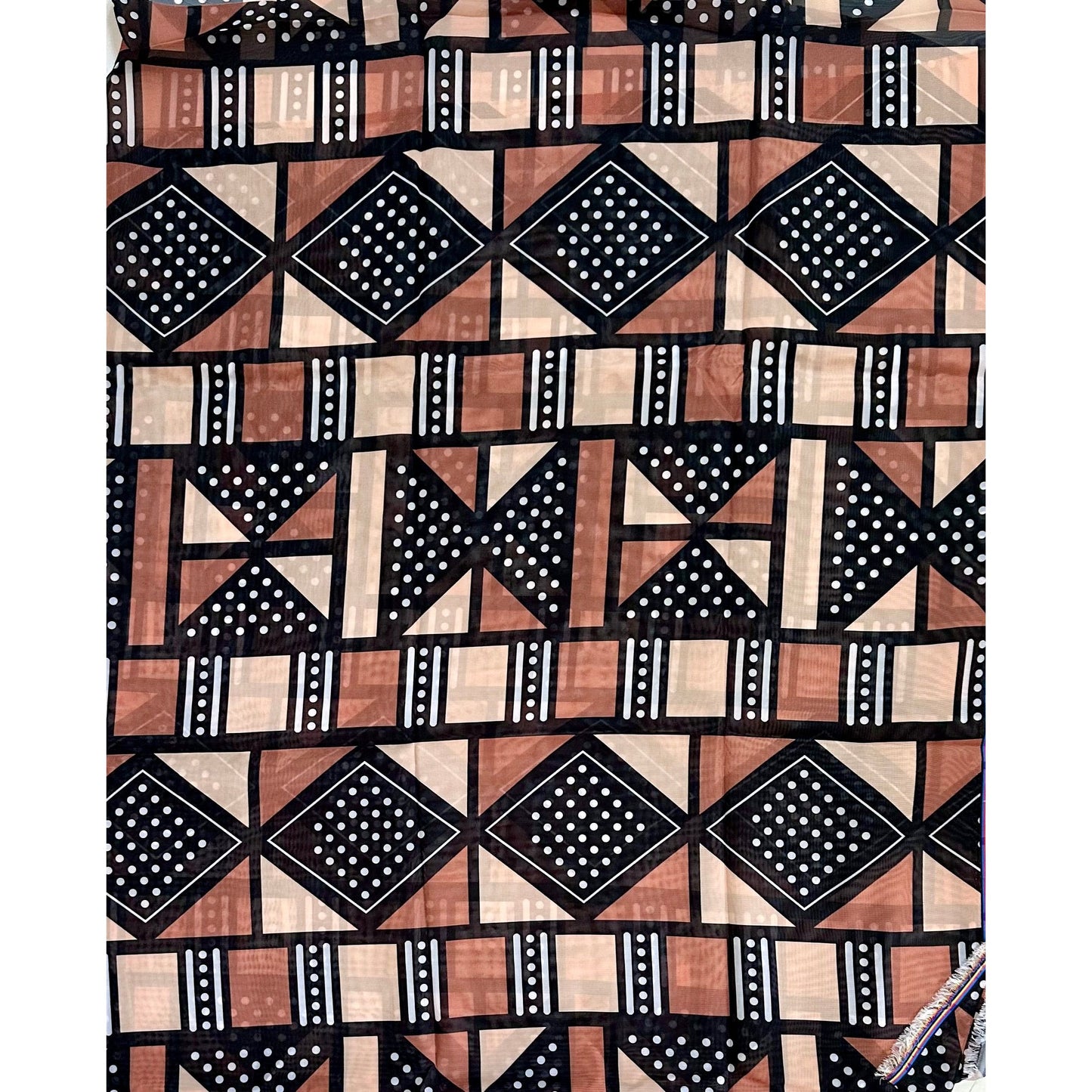 African Print, Chiffon Fabric - Black, Brown, Beige "Soro Soke", ~2 Yards