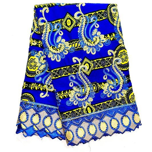African Print Lace Fabric/ Ankara - Blue, Yellow, Black 'Singita', Yard or Wholesale