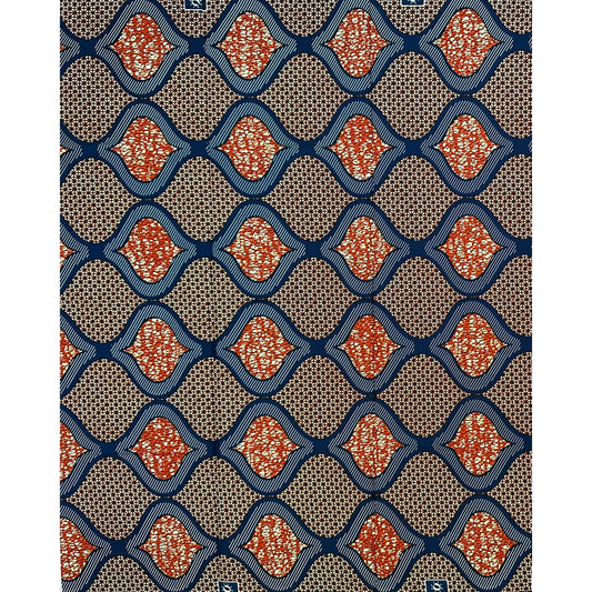 African Print Fabric/ Ankara - Brown, Blue 'Flow With Structure', 1 YARD