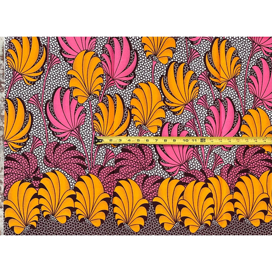 African Print Fabric/ Ankara - Orange, Pink 'Kemi Bloom,' YARD