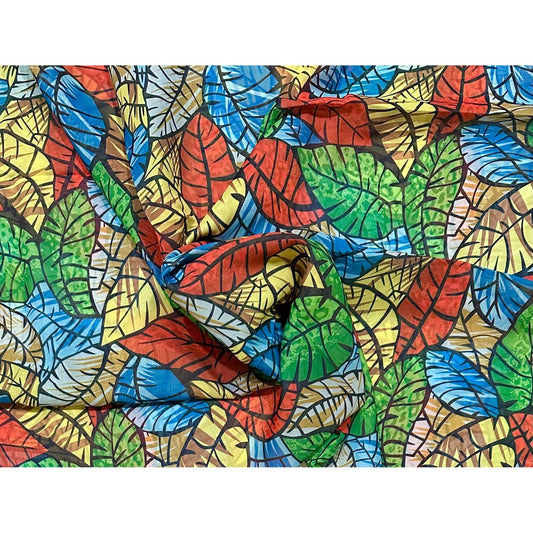 African Print, Chiffon Fabric- Red, Blue, Green, Yellow "Miombo Woodlands", ~ 2 Yards