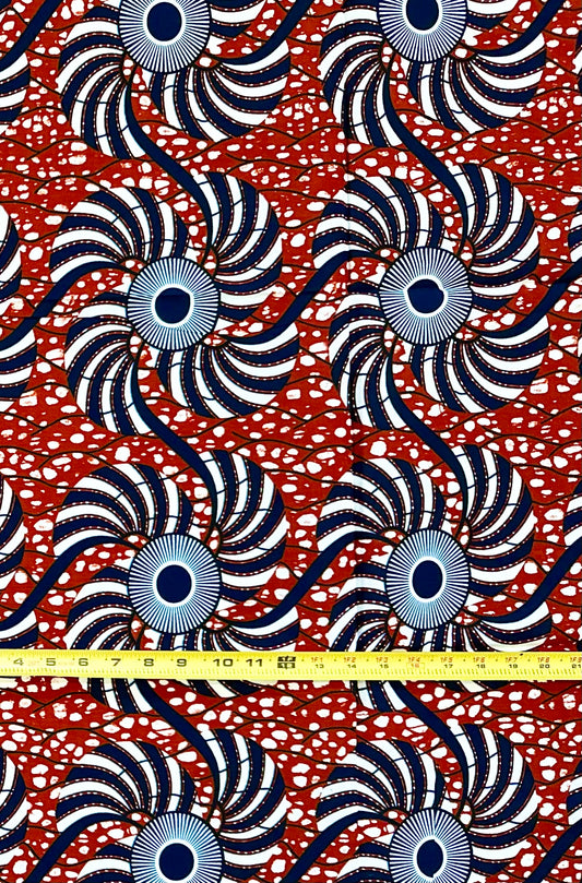 African Print Fabric/ Ankara - Brown, Navy 'Spinna,’ YARD