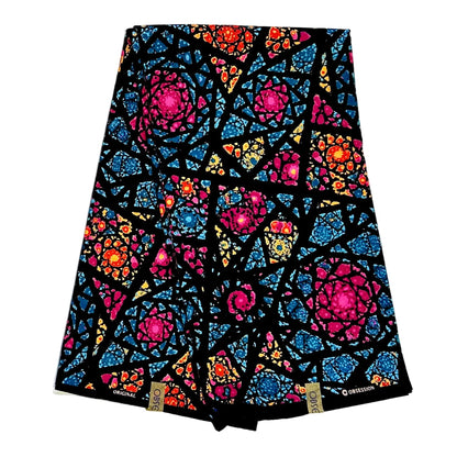 African Print Fabric/ Ankara - Blue, Orange, Pink, Black 'Okike Radiance', YARD or WHOLESALE