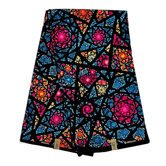 African Print Fabric/ Ankara - Blue, Orange, Pink, Black 'Okike Radiance', YARD or WHOLESALE