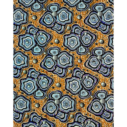 African Print Fabric/ Ankara - Blue, Brown ‘Bloom Theory' Design, 1 YARD