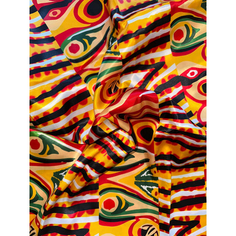 African Print, Satin Fabric - Yellow, Red, Black, Green "Khemet Pepper", Per Yard or Wholesale