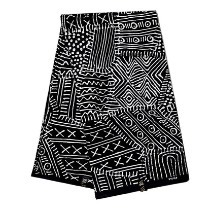 African Print Fabric/ Ankara - Black, White 'Mudcloth Notes', YARD or WHOLESALE