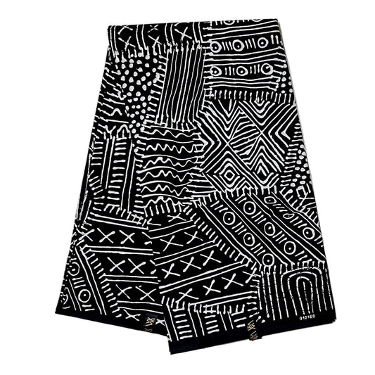 African Print Fabric/ Ankara - Black, White 'Mudcloth Notes', YARD or WHOLESALE