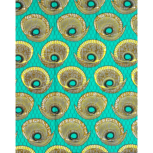 African Print Fabric/ Ankara - Turquoise, Brown, Yellow 'Cool Head No Dey Turn', 1 YARD